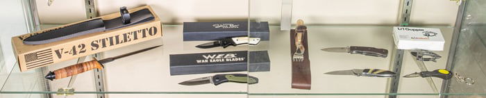 Eight Contemporary outdoor, utility and sporting knives, including V-24 Stilleto with sheath, WEB