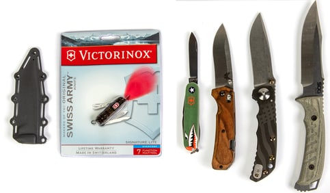 Five Contemporary outdoor, utility and sporting knives in original boxes, including Sog Pillar with