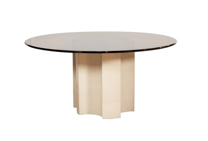 A Modern smoked glass and natural cast sandstone double pedestal table