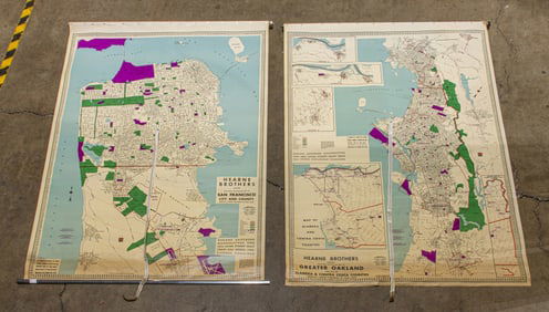Two large format Herne Brothers retractable maps of Greater Oakland and San Francisco