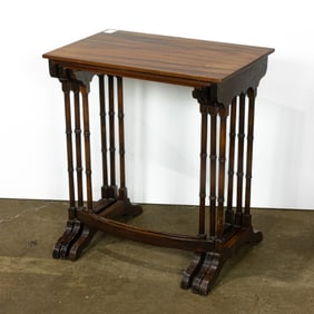 A set of three Regency style faux bamboo turned tables