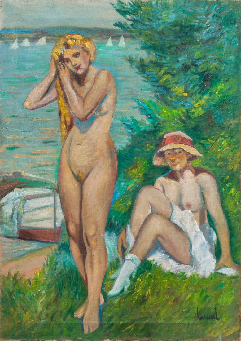 Painting, Follower of Edward Cucuel: Follower of Edward Cucuel (American, 1875-1954), Nudes by the Sea, oil on canvas, bears signature lower right, canvas (unframed): 20.25"h x 14.25"w
