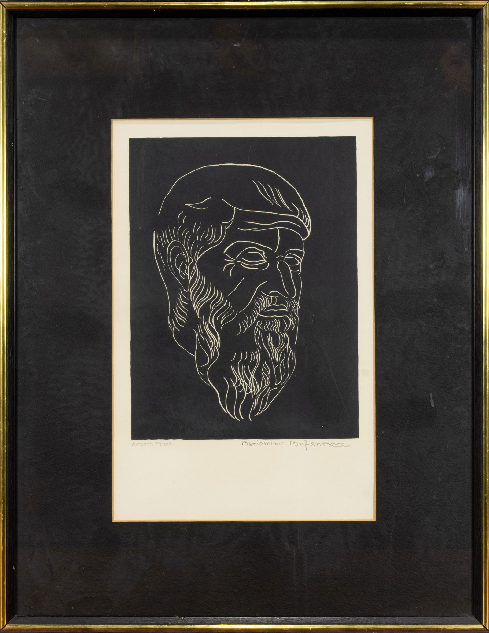 Print, Beniamino Bufano: Beniamino Bufano (Italian/American. 1898-1970), Untitled (Bearded Man), lithograph, pencil signed lower right, edition artist proof, overall (with frame): 25"h x 19.75"w