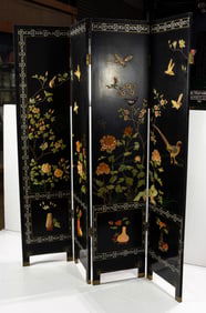 A Chinese black lacquered mother of pearl and hardstone inlaid six-panel folding screen