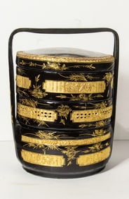 A Chinese black lacquered and gilt painted food basket