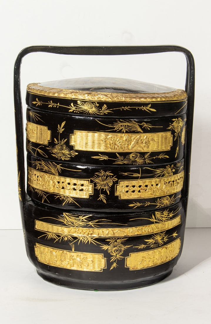 A Chinese black lacquered and gilt painted food basket (1 of 2)