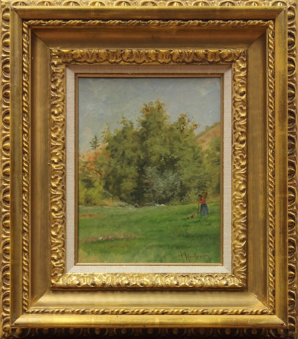 Painting, Grace Carpenter Hudson, Girl with Dog: Framed oil on board, ""Girl with Dog,"" by Grace Carpenter Hudson (Californian,1865-1937), bears authentication by the artist's nephew verso, board: 10.25""h x 8""w, overall: 17.25""h x 15""w