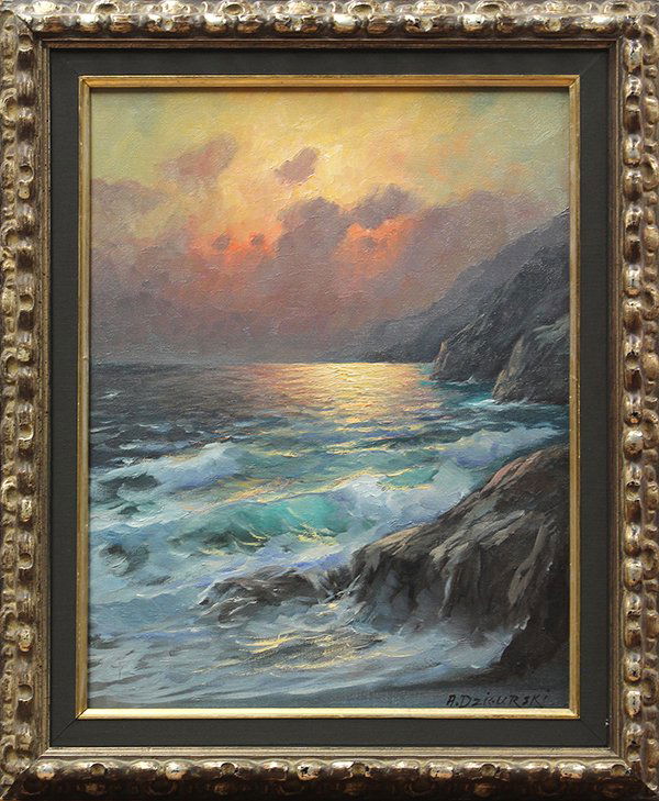 Painting, Alexander Dzigurski, Seascape: Framed oil on canvas, Seascape, by Alexander Dzigurski (Californian, 1911-1995), signed lower right, canvas: 18""h x 14""w, overall: 22.5""h x 18.5""w