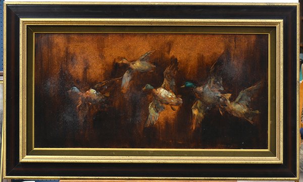 Painting, George Dick, Flying Ducks Maroon: Framed oil on board, ""Flying Ducks Maroon,"" by George Dick (American, 1916-1978), signed lower right, title label affixed verso, board: 16""h x 32""w, overall: 24""h x 40""w. Provenance: From the Es