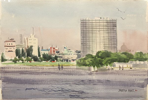 Watercolor, Jade Fon, Lake Merritt: Unframed watercolor, Lake Merritt, Oakland, by Jade Fon (Californian, 1911-1983), signed lower right, paper: 15""h x 22""w