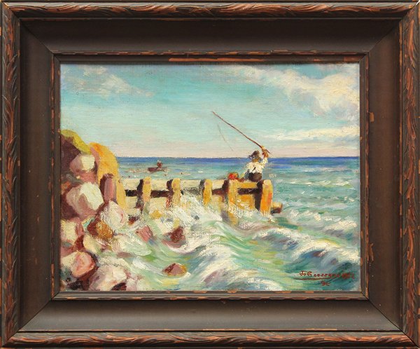Painting, John Goossens, Lake Michigan: Framed oil on canvas board, Fishing on Lake Michigan, 1932, by John Goossens (Canadian/American, 1887-1968), signed and dated ""Jo Goossens 1932"" lower right and verso, label from Brudno Art & Supply
