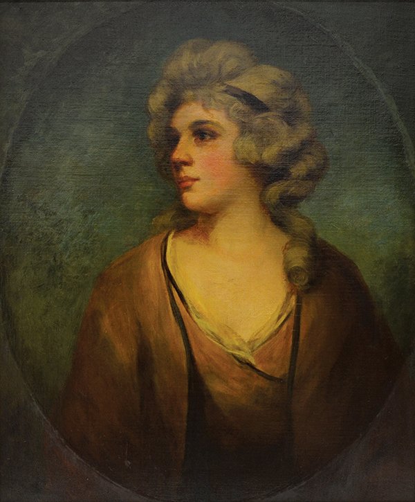 Painting, attributed to Isaac Pocock, Portrait: Framed oil on canvas, ""Portrait of Mrs. Mingay,"" attributed to Isaac Pocock, (British, 1782-1835), label verso, housed in a period frame, canvas: 30.5""h x 25.5""w, overall: 42""h x 37""w