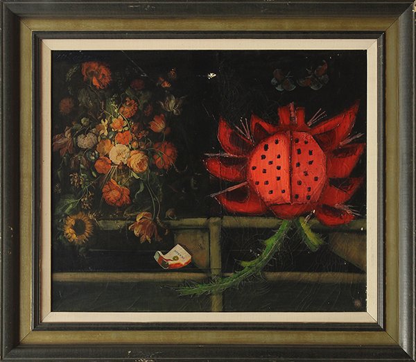 Mixed Media, Mario Quiroa: Framed mixed media oil collage, "Bodegon" 1973, from the series "La Pitaya" by Mario Quiroa (Guatemalan, 1937-2004), label verso, Canvas:24"h x 20"w, overall: 31"h x 27"w