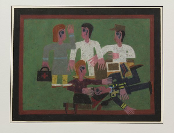 Painting, Eddie Arning, The Swallows Nest: Framed craypas on paper, ""The Swallows Nest,"" by Eddie Arning (American, 1898-1992) unsigned, paper: 20""h x 26""w, overall: 26""h x 32""w. Accompanied by exhibition guide ""Insider/Outsider Art-Sel