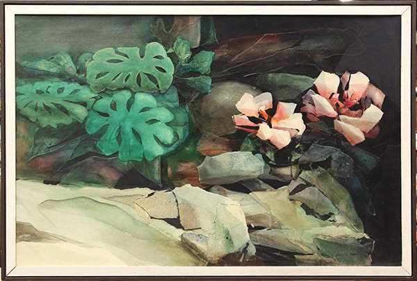 Painting, Alexander Nepote, Flowers: Framed mixed media on board, ""Flowers on Rocky Ledge,"" 1965, by Alexander Nepote (Californian, 1913-1986), signed lower right, signed, titled, and dated verso, bears Sherman Clay Galleries, San Fran