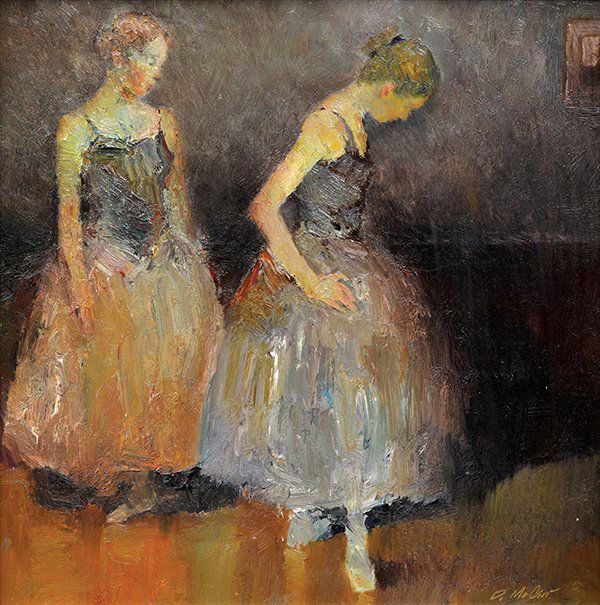 Painting by Dan McCaw: Framed oil on board, Ballerinas, by Dan McCaw (Californian, b. 1942), signed lower right, sight: 23.25""h x 23""w, overall: 33.25""h x 33""w