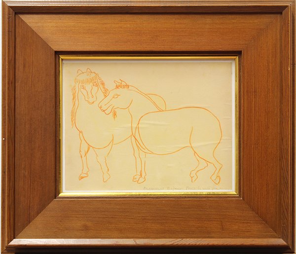 Drawing, Beniamino Bufano, Two Horses: Framed red pencil drawing, Two Horses, by Beniamino Benvenuto Bufano (Italian/Californian, 1898-1970), signed and inscribed ""Beniamino Bufano - Peace be with you"" lower right, sight: 10""h x 13""w, 