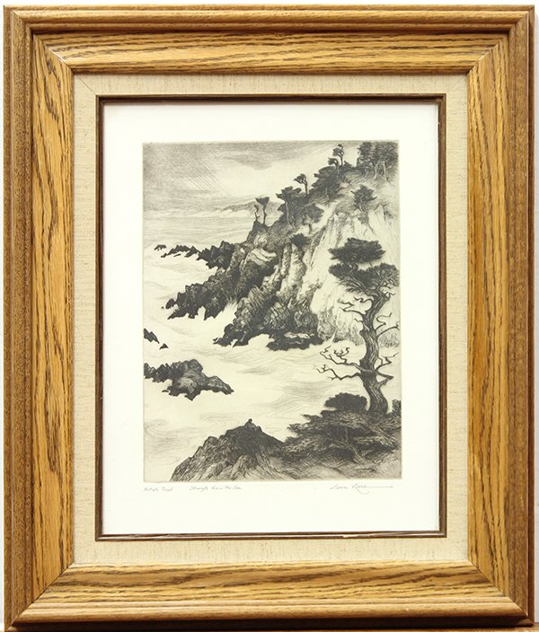 Etching, Gene Kloss, Strength from Sea: Framed etching, ""Strength from the Sea,"" by Gene Kloss (American, 1903-1996), pencil signed, titled, and inscribed artist's proof within lower margin, image: 12""h x 9""w, overall: 21.75""h x 18.25"