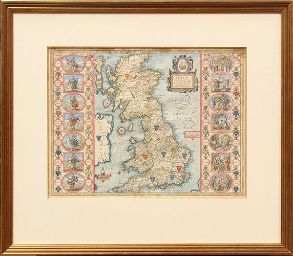Hand colored engraved map, John Speed, Britain: Framed hand colored copper engraved map, ""Britain as it was Divided in the time of the English Saxons,"" by John Speed (British,1552-1629), image: 15""h x 20""w, overall: 26""h x 31""w