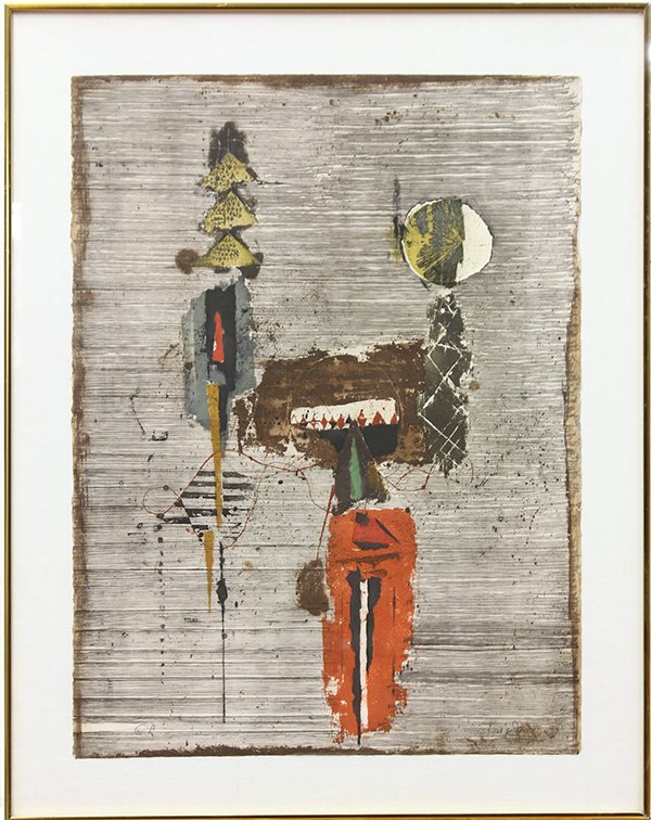 Color etching, Johnny Friedlaender, Herbes Solair: Framed color etching and aquatint on wove paper, ""Herbes Solaires,"" by Johnny Friedlaender (German, 1912-1992), signed lower right, ""E.A."" artist proof edition lower left, FAR Gallery NYC label ve