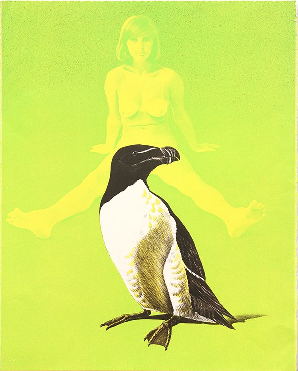 Lithograph, Mel Ramos, Annie and the Auk: Unframed color lithograph, ""Annie and the Auk,"" 1969, by Mel Ramos (American, b. 1935), pencil signed, dated, and numbered edition of 100 verso, published by Collector's Press, San Francisco, paper: