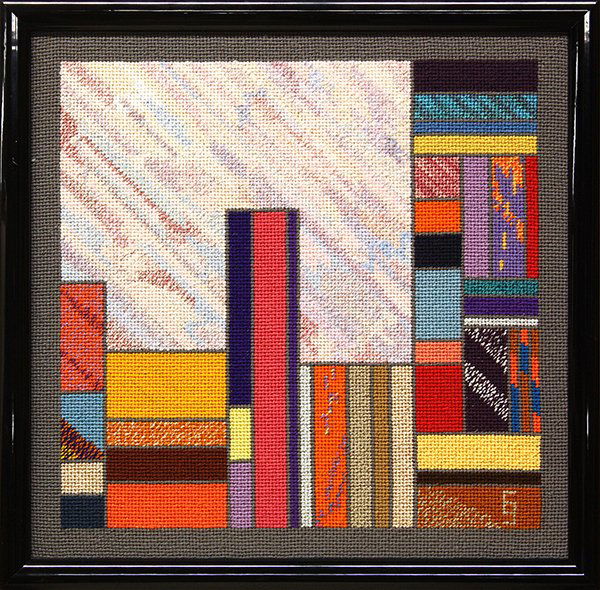 Needlepoint Embroidery, Luis Garcia, Santa Fe: Framed needlepoint embroidery composition, ""Santa Fe,"" 1989, by Luis Garcia (American, b. 1944), bears artist's initials within matrix, artist's labels verso, largest overall: 17""h x 17""w