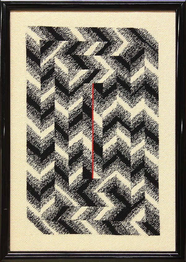 Needlepoint Embroidery, Luis Garcia, In the Red: (Lot of 2) Framed needlepoint embroidery compositions, ""In the Red,"" 1991, and Black and Red by Luis Garcia (American, b. 1944), one bears artist's labels verso, largest overall: 24""h x 15.5""w