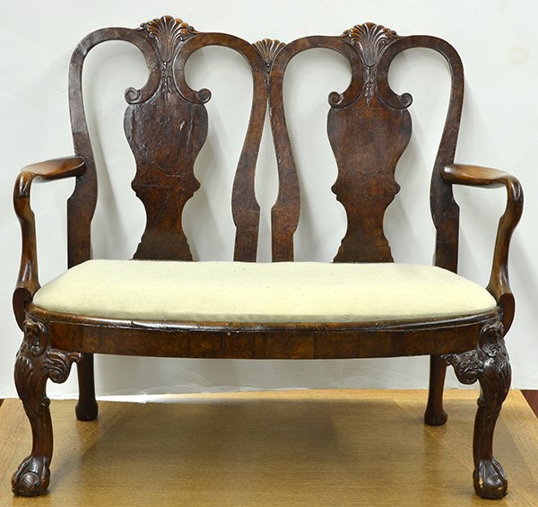 Queen Anne style child's settee: Queen Anne style child's settee, 19th century, the double chair-back form with shepherd's crook cresting centered by the shield form splat, having a drop in seat, and rising on shell carved cabriole l