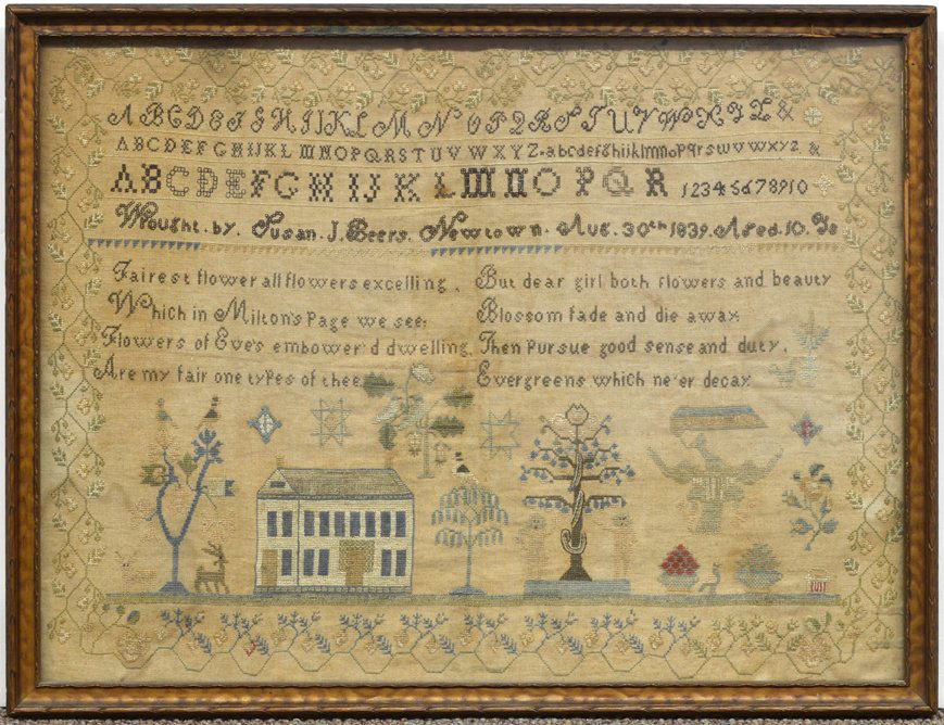 Framed sampler, Newtown 1839: Framed sampler, first half 19th century, executed by Susan J. Beers, Newtown, August 30, 1839 aged 10 years, having a floral decorated border surrounding the scenic depiction of architecture and natur