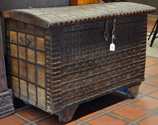 Anglo-Indian dowry chest: Anglo-Indian dowry chest, 19th century, having hand-wrought strap hinges supporting the rectangular top, the handled case having rivet fastened supports centered with the rosette medallions and rising