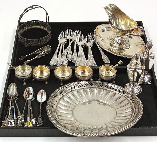 German and American silver table accessories: (lot of 30) Silver table accessories consisting of German .800 fine silver sauce boat on stand, reticulated basket (lacking insert), twelve ice cream forks, tongs, and eight souvenir spoons four with