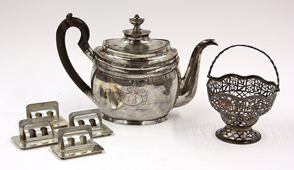 British and American sterling silver table articl: (lot of 6) Silver table articles including a British sterling basket (lacking insert), by William Plummer, London, 1811, having quatrefoil and floral acanthus open work; four American sterling silver 
