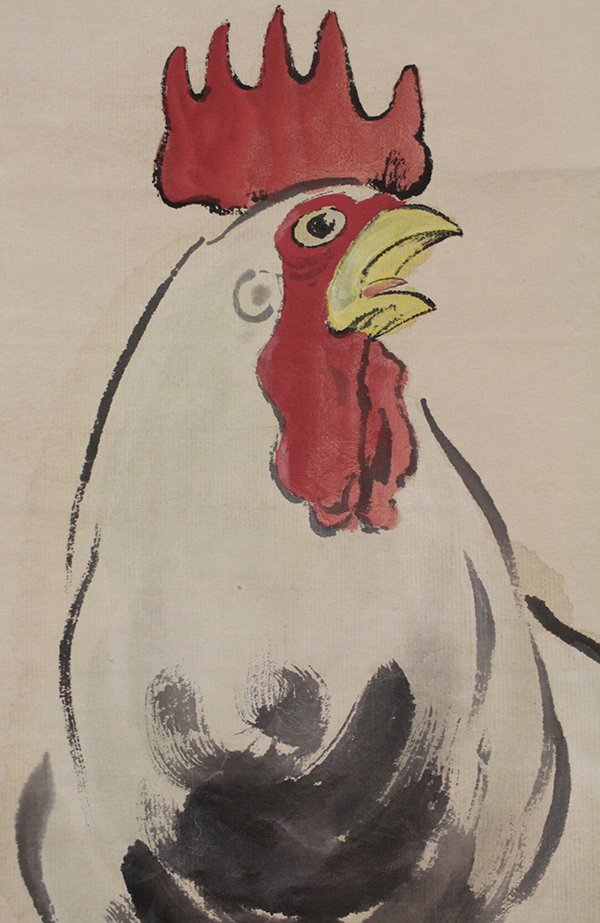 Chinese Scroll, Xu Beihong (after), Rooster: Chinese hanging scroll, ink and color on paper, Rooster, after Xu Beihong (Chinese, 1895-1953), the lower right dated 1951 spring, and bearing signature Beihong, followed by two seals and one seal to 