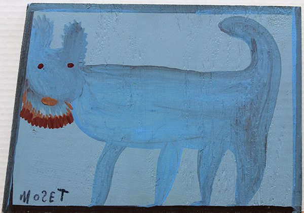 Painting, Mose Tolliver, Outsider: Unframed paint on plywood, Wildcat, by Mose Tolliver (American, 1919-2006), signed ""Moset"" lower left, bears Janet Fleisher Gallery, Philadephia label verso, overall: 11""h x 15.5""w.