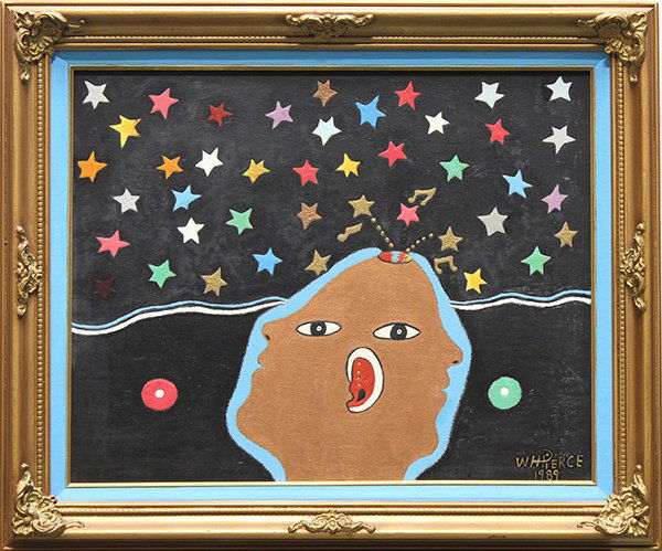 Paintings, Warren Pierce, Outsider: (lot of 3) Framed oils on canvas, Doctor's Visit, 1987, Above the Moon, 1988, and Two Face, 1989, by Warren Pierce (American, 20th century), each signed and dated lower right, largest overall: 26""h x