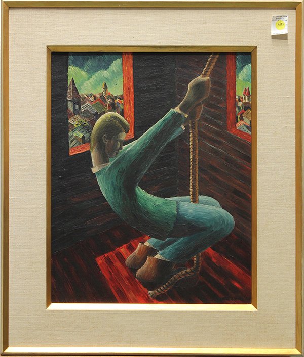 Painting, Bell Ringer, Modern: Framed oil on canvas, The Bell Ringer, 1946, by Lewis Lowe (American, 20th century), signed and dated lower right, overall: 27.5""h x 23.5""w