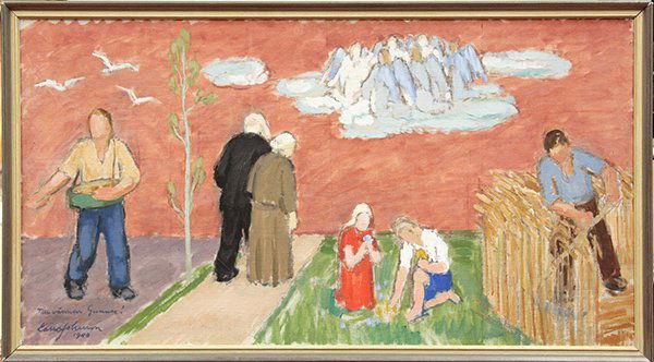 Painting, Lasse Johnsson, Komposition: Framed oil on masonite, ''Skiss Till Komposition'', 1940, by Lasse Johnsson (Swedish, 1899-1992), signed and dated lower left ''Lasse Johnsson, 1940'', inscribed lower left ''Till vannen Gunnar!'' (To