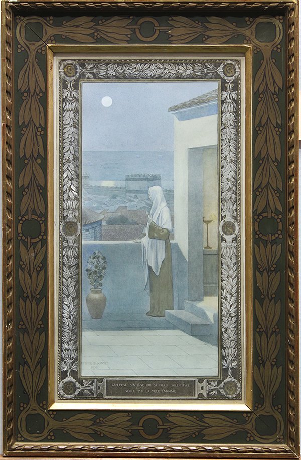 Hand-colored lithograph, after Pierre Puvis de Ch: Framed hand-colored lithograph, ""Genevieve Soutenue Par Sa Pieuse..."", after Pierre Puvis de Chavannes (French, 1824-1898), stone signed lower left, titled lower center, overall: 23.5""h x 15.5""w