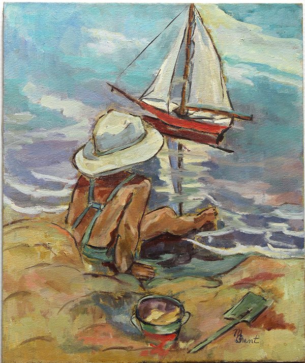 Painting, Girl Playing in the Sand with Toy Sailb: Unframed oil on canvas, Girl Playing in the Sand with Toy Sailboat, signed ""M. Grant"" lower right and verso, overall: 24""h x 20""w
