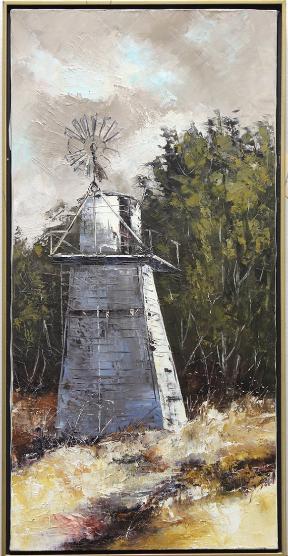 Painting, American School, Windmill: Framed oil on canvas, Windmill, American School (20th century), unsigned, overall: 37.25""h x 19""w