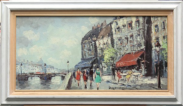 Painting, European Street Scene: Framed oil on canvas, European Street Scene, Continental School (20th century), signed indistinctly lower right, overall: 20.5'h x 30.5""w