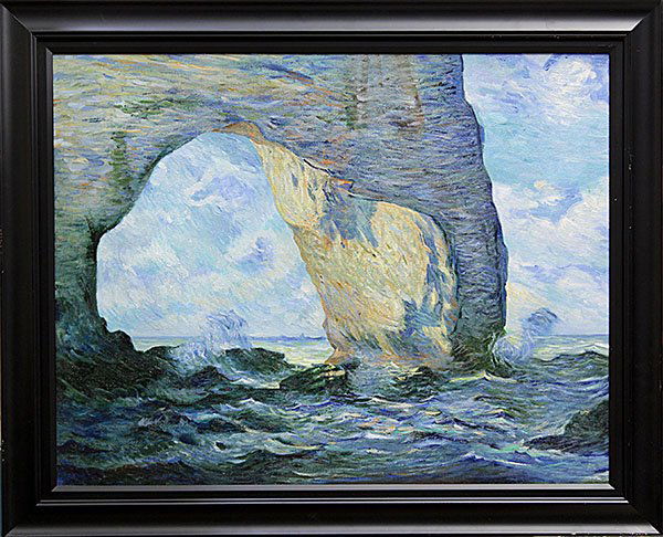 Painting in the manner of Monet: Framed oil on canvas, Limestone Rock Archway to the Sea, in the manner of Claude Monet (French, 1840-1926), unsigned, 20th century, overall: 32""h x 39""w