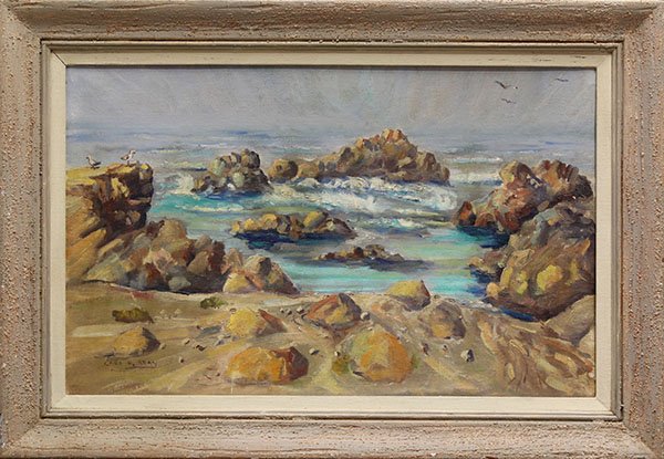 Painting, Carl Bray, Rocky Cove: Framed oil on canvas board, Rocky Cove, by Carl Glen Bray (Californian, 1917-2011) , signed lower left, overall: 25.5""h x 36.5""w