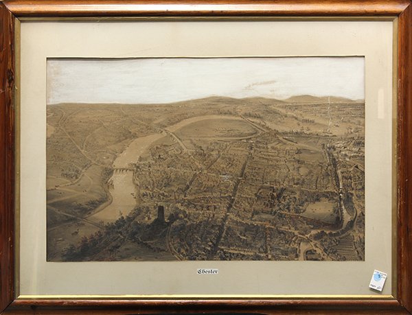 Hand-colored map, Chester, England: Framed hand-colored lithograph map, ""Chester, England,"" British School, 19th century, signed ""J.M. Gahey"" within print lower left, overall: 31""h x 40""w
