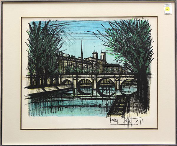 Lithograph, After Bernard Buffet, Seine: Framed color lithograph, Bridge Over the Seine, after Bernard Buffet (French, 1928-1999), bears signature within the print, overall: 24.5""h x 29""w