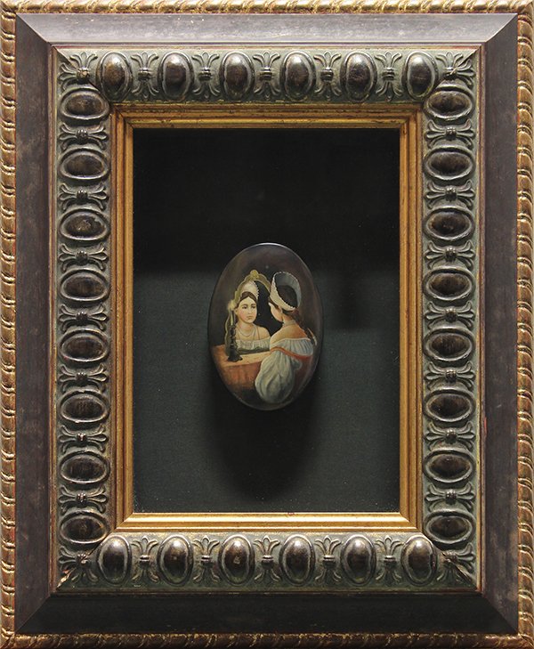 Painted Russian box, Girl in Mirror: Framed hand painted Russian box, Girl in Mirror, Russian School (20th century), inscribed lower lid, overall: 20""h x 16""w