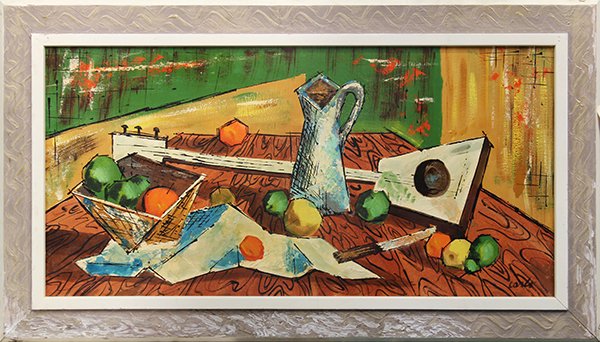 Framed oil on board, Cubist Still Life with Fruit: Framed oil on board, Cubist Still Life with Fruit, Guitar and Pitcher, signed ""Carlo"" lower right, 20th century, overall: 32.75""h x 56.25""w