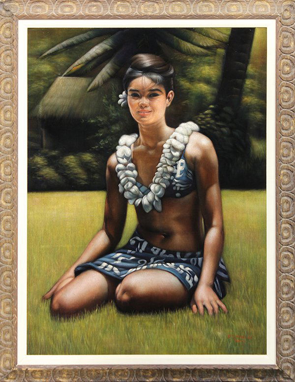 Painting on velvet, Polynesian Girl, 1964: Framed oil on velvet, Polynesian Girl, 1964, signed ""J. Michael Kim Sept '64"" lower right, overall: 55""h x 42.75""