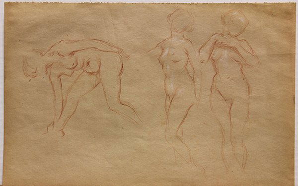 Drawing, Charles James Theriat, Nudes: Unframed red chalk on paper, Nude Figure Studies (double sided), by Charles James Theriat (American, 1860-1937), paper: 9.5""h x 14.5""w. Provenance: The artist's estate