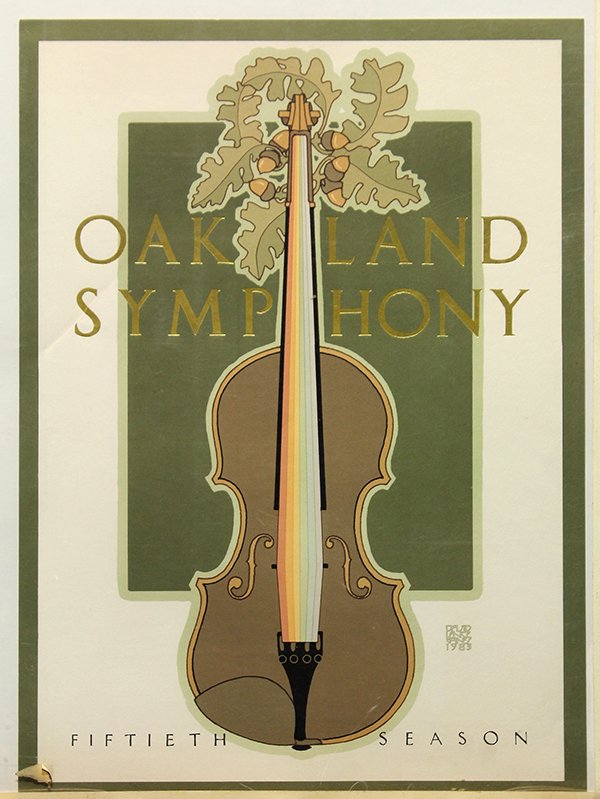 Lithograph Poster, David Lance Goines: Unframed lithograph poster, ""Oakland Symphony,"" 1983, by David Lance Goines (Californian, b. 1945), paper: 24""h x 17.5""w. Provenance: From the Estate of Bob Langell (Oakland, CA and Albuquerque, N
